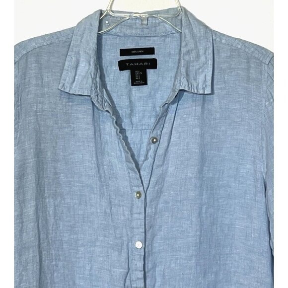 Tahari Light 100% Linen Light Blue Roll Tab Sleeve Button Long Tunic Shirt - Picture 8 of 8